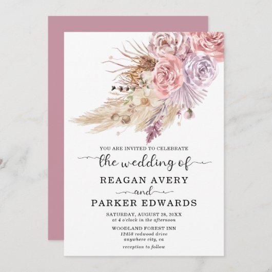 Invitation Pampas Rose en laiton et Mariage pourpre (Devant / Derrière)