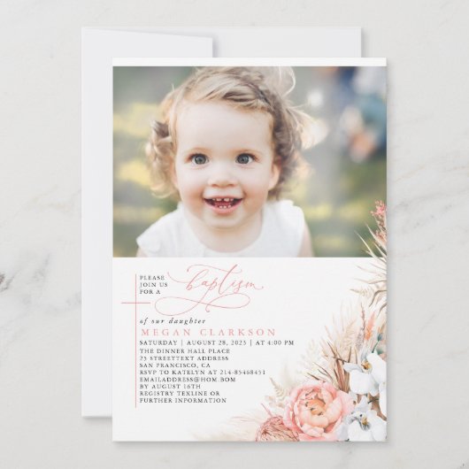 Invitation Pampas rose Floral Grass Baptême Photo (Devant)