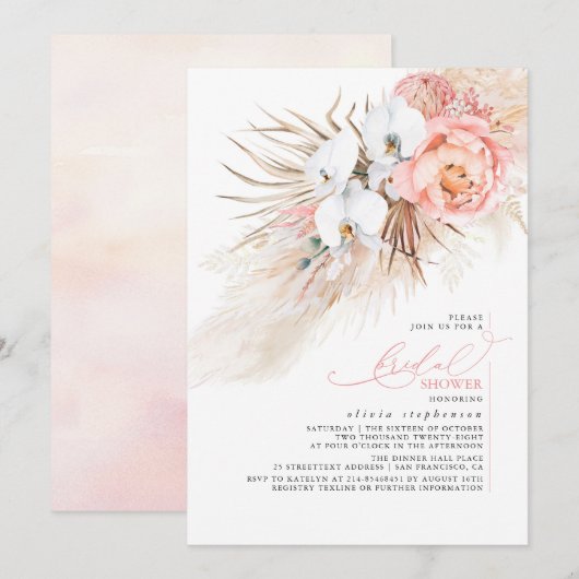 Invitation Pampas rose Floral Grass Bridal Show (Devant / Derrière)