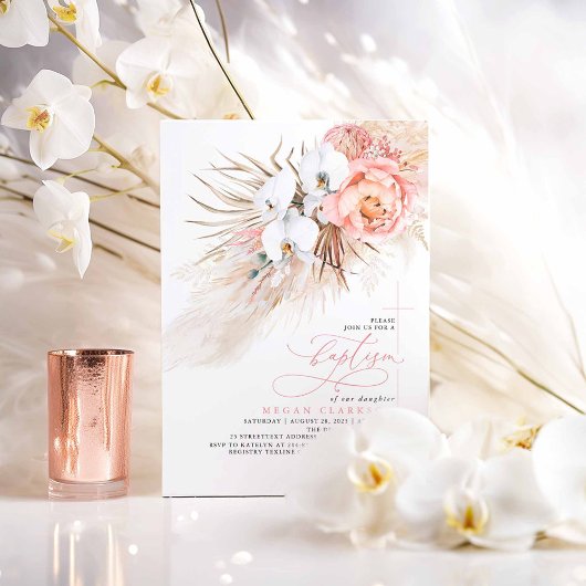 Invitation Pampas rose Floral Grass Moderne Baptême Invitatio