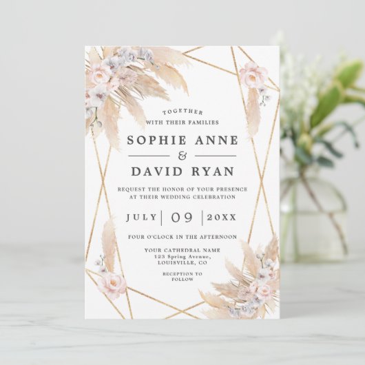 Invitation Pampas Rose Floral Grass Or Tout en un Mariage (Debout devant)