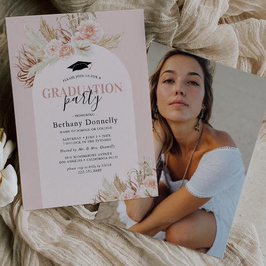 Invitation Pampas rose Floral Grass Photo Graduation