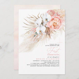 Invitation Pampas rose Floral Grass Première communion