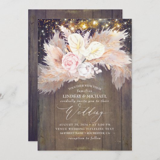 Invitation Pampas rose Floral Grass Rustique Bois Mariage (Devant / Derrière)