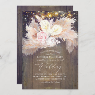 Invitation Pampas rose Floral Grass Rustique Bois Mariage
