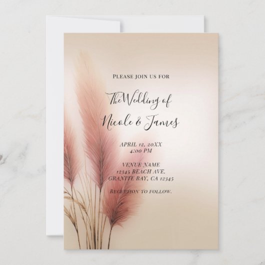 Invitation Pampas rose Grass Bohême Mariage Boho (Devant)
