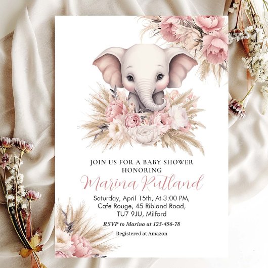 Invitation Pampas rose Grass Boho Elephant Baby shower fille
