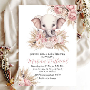 Invitation Pampas rose Grass Boho Elephant Baby shower fille