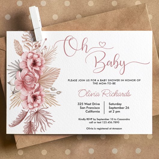 Invitation Pampas rose Grass Boho Oh Baby shower