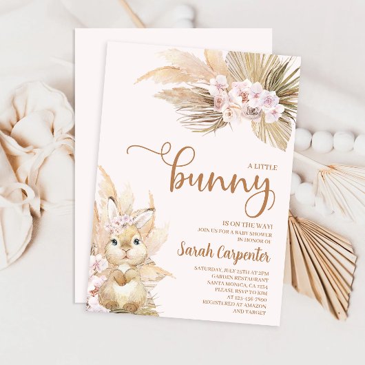 Invitation Pampas rose Grass Girl Baby shower lapin