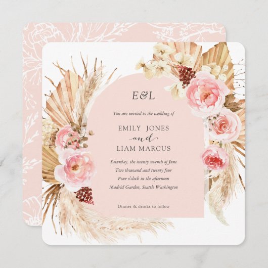 Invitation Pampas rose pâle Boho Floral Carré mariage (Devant / Derrière)