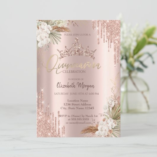 Invitation Pampas Rose Parties scintillant or Couronne Drop Q (Debout devant)