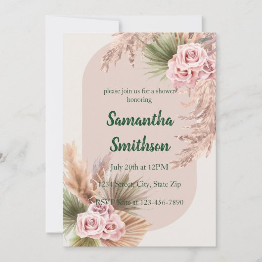 Invitation Pampas roses et Fleurs (Devant)