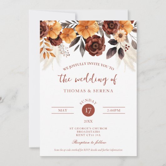 Invitation Pampas Rust Grass Chute QR Code Tout en un Mariage (Devant)