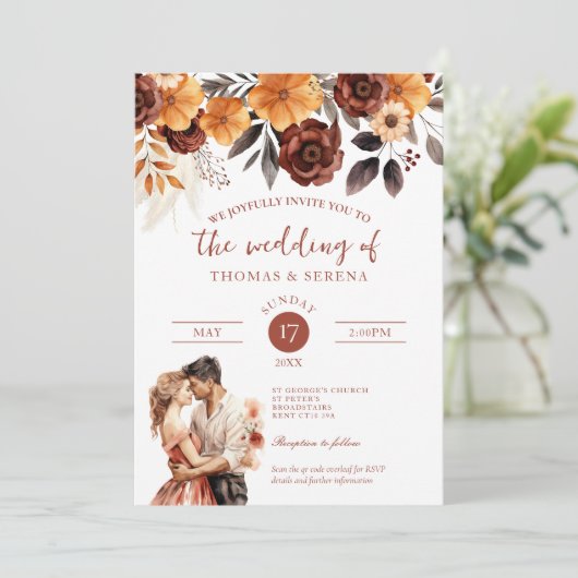 Invitation Pampas Rust Grass Chute QR Code Tout en un Mariage (Debout devant)