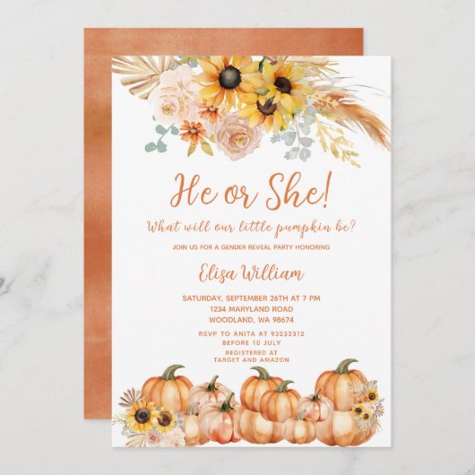 Invitation Pampas Rust Grass Orange Citrouille Révélation de  (Devant / Derrière)