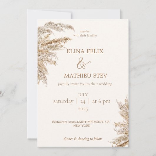 Invitation Pampas rustique boho vintage mariage (Devant)
