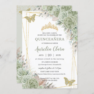 Invitation Pampas Sage Green Floral Papillons Quinceañera