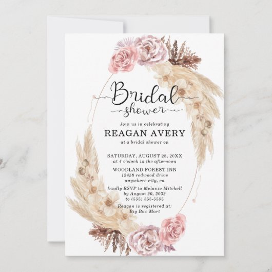 Invitation Pampas séché Fête des mariées florale en laiton (Devant)