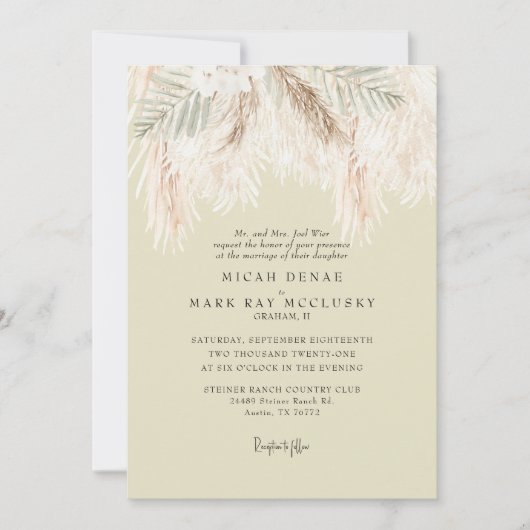 Invitation Pampas Soft Yellow Simple Mariage (Devant)