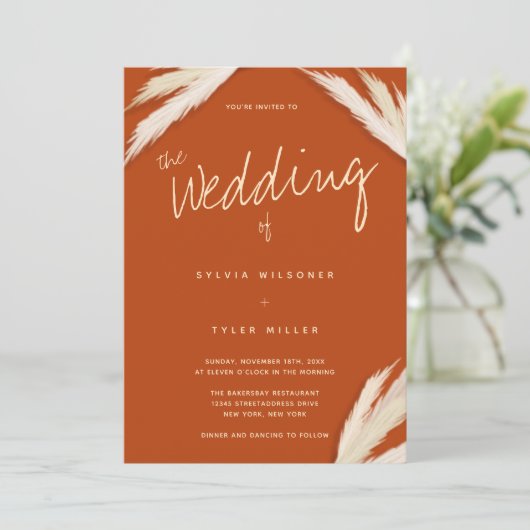 Invitation Pampas Typographie Grass Burange Orange Mariage (Debout devant)