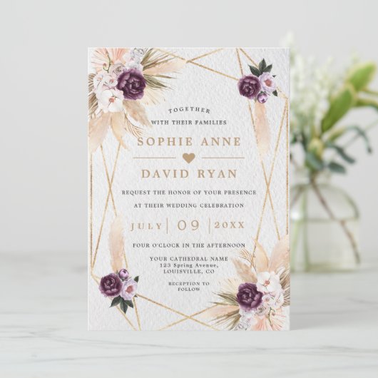 Invitation Pampas violet Floral Grass tout en un Mariage (Debout devant)