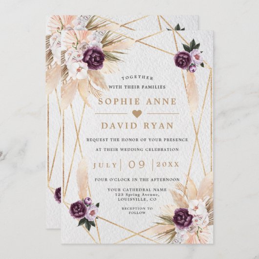 Invitation Pampas violet Floral Grass tout en un Mariage (Devant / Derrière)
