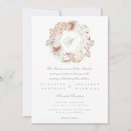 Invitation Pampas Wreath Moss Sage Green Monogram Elegant (Devant)