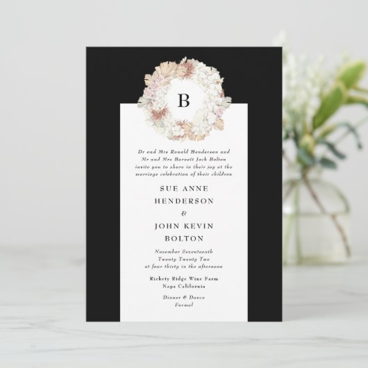 Invitation Pampas Wreath noir blanc Monogramme Mariage (Debout devant)