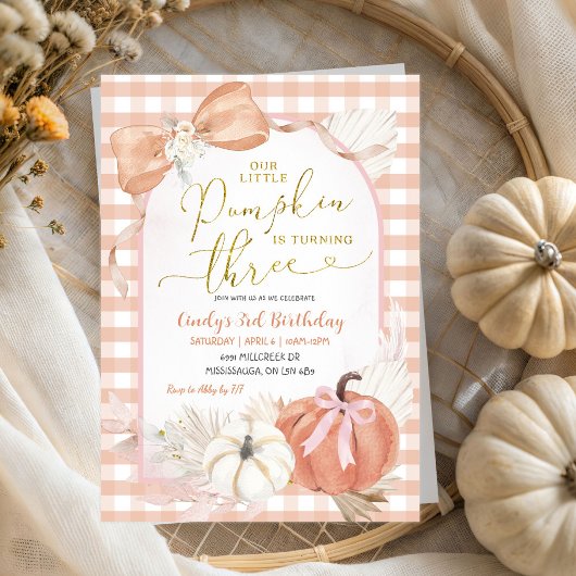 Invitation Pampass Gingham Pumpkin 3rd Birthday