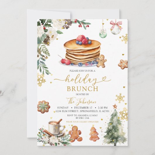 Invitation Pancake blanc Fête Brunch Noël Floral (Devant)