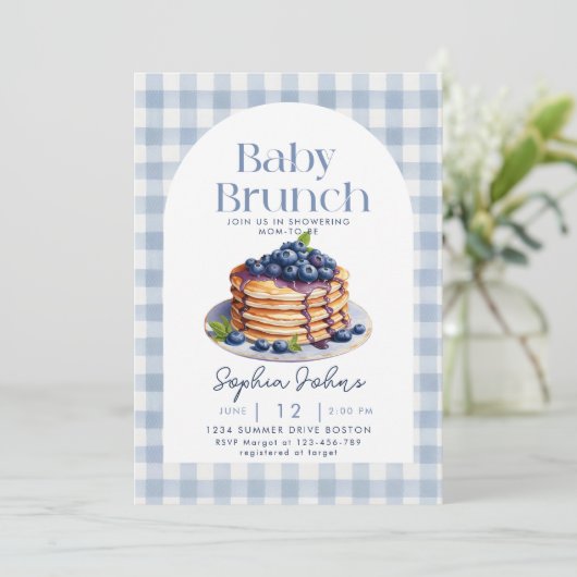 Invitation Pancake Blueberry En vichy Baby Brunch Baby shower (Debout devant)