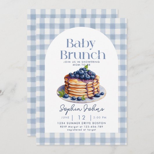 Invitation Pancake Blueberry En vichy Baby Brunch Baby shower (Devant / Derrière)