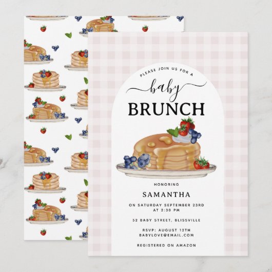 Invitation Pancakes Berries Brunch Pink Plaid Baby Shower (Devant / Derrière)