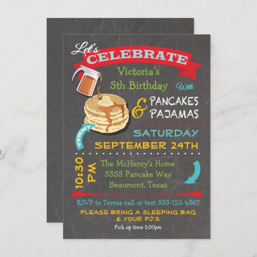 Invitation Pancakes et pyjamas en tableau et fête d'anniversa (Devant / Derrière)