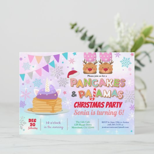 Invitation Pancakes et pyjamas Noël anniversaire licorne (Debout devant)
