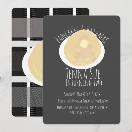 Invitation Pancakes et Pyjamas Soirée Pyjama Filles | Carreau (Devant / Derrière)