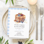 Invitation Pancakes & Pacificateurs Baby shower garçon En vic<br><div class="desc">Cette mignonne invitation pour le baby shower et le brunch "pancakes & pacifiers" présente un arrière - plan blanc avec des crêpes, des baies et une suce bleue. L'envers dispose d'un arrière - plan blanc avec en vichy motif chèque en bleu clair. Personnalisez-le selon vos besoins. Vous pouvez trouver des...</div>