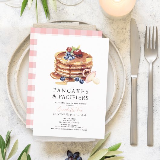 Invitation Pancakes & Pacificateurs En vichy rose Baby shower