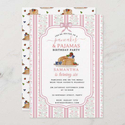 Invitation Pancakes Pajamas PJ's Girl Kids Birthday Party (Devant / Derrière)