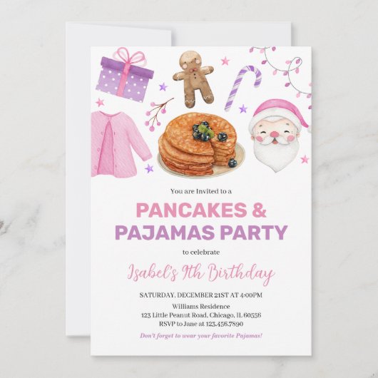 Invitation Pancakes rose violet et pyjamas Anniversaire (Devant)
