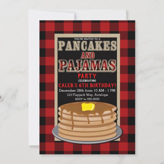 Invitation Pancakes rustiques et pyjamas Rouge noir Buffalo p (Devant)