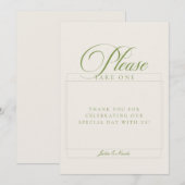 Invitation Pancarte de mariage Classic Green Please Take A Fa (Devant / Derrière)