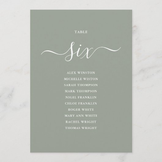 Invitation Pancarte de table numéro 6 de plan de table écritu (Devant)