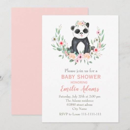 Invitation Panda à fleurs pour baby shower (Devant / Derrière)
