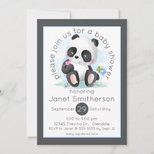 Invitation Panda aquarelle avec Baby shower de papillons (Devant)