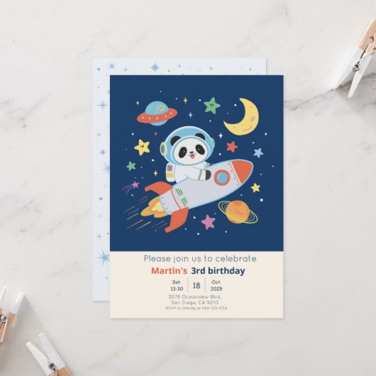 Invitation Panda Astronaute bleu et orange (Devant/Arrière en situation)