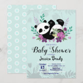Invitation Panda avec Baby shower de fleurs violettes (Devant / Derrière)