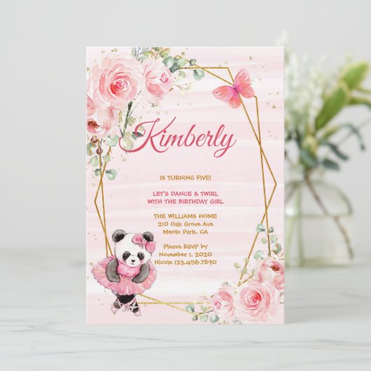 Invitation Panda Ballerina Tutu Fille Cinq Anniversaire (Debout devant)
