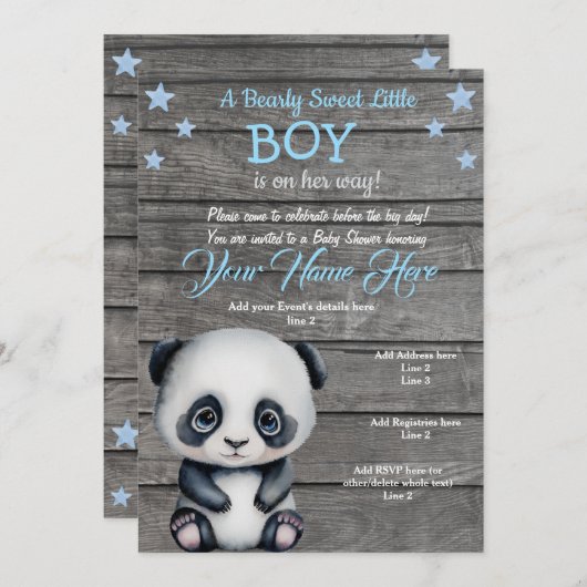 Invitation Panda Boy Baby shower Invitation, garçon bleu rust (Devant / Derrière)